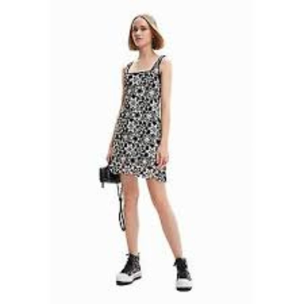 NWT Desigual Daisies Black Retro Short Crochet lined sleveless Dress size small